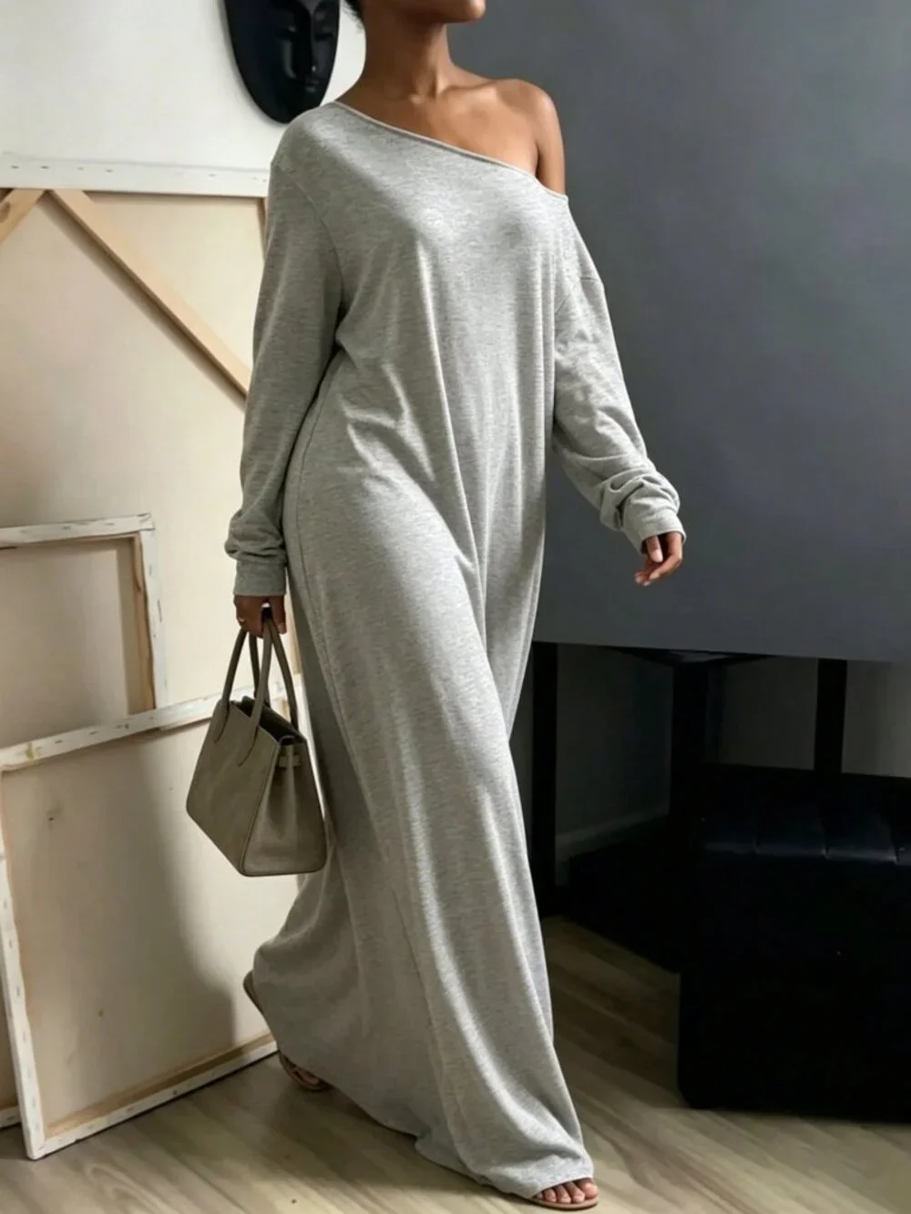 Grey Casual Women's Asymmetrical Shoulder Long Dress